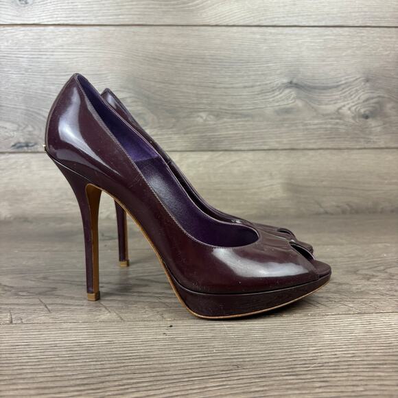 CHRISTIAN DIOR Purple Patent Leather Peep Toes Pumps Heels Women's 8 / 38.5 - Picture 5 of 15